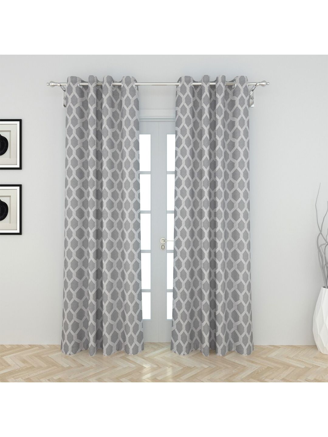 Home Centre Grey & White Set of 2 Geometric Black Out Door Curtain Price in India