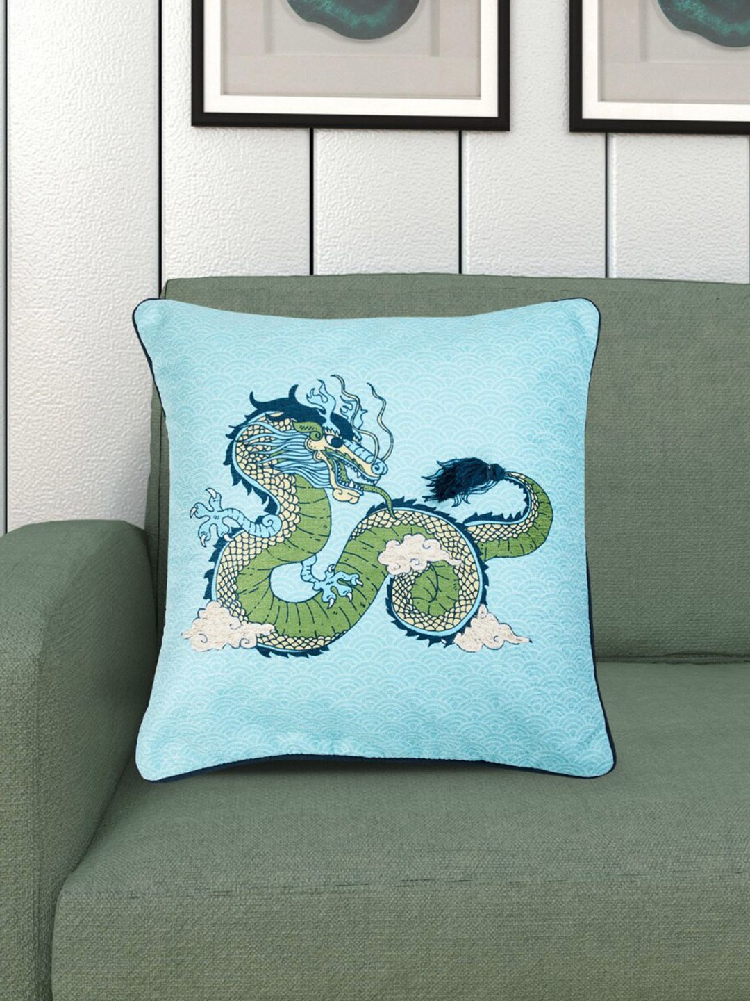Home Centre Blue & Green Quirky Embroidered Square Cushion Cover Price in India