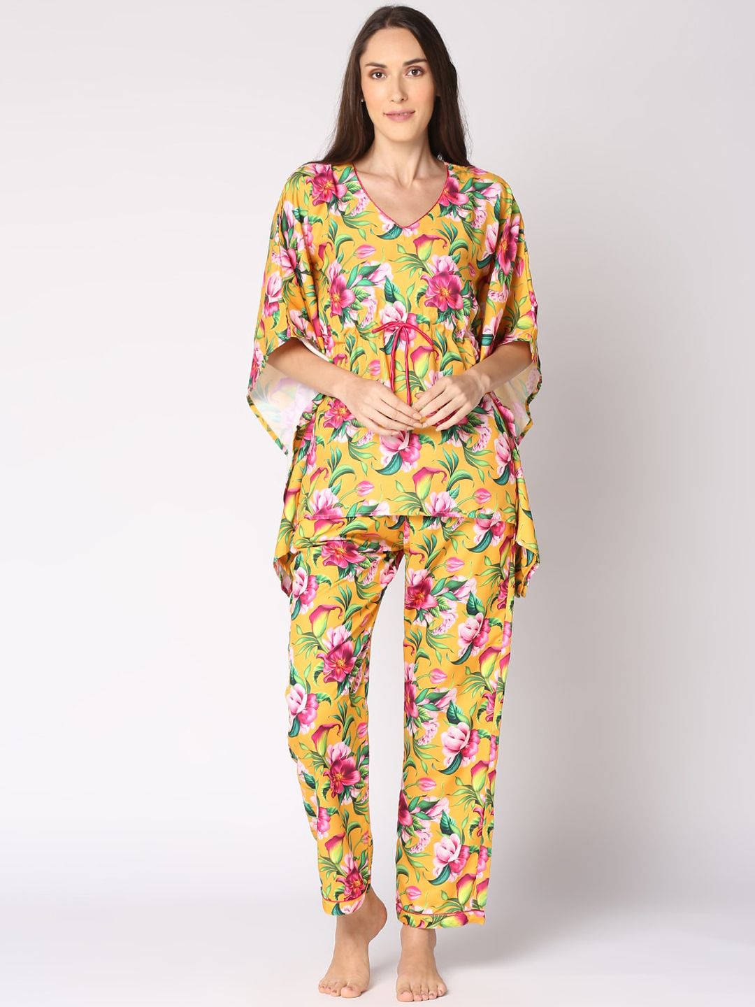 Pyjama Party Women Yellow & Pink Printed Kaftan Night suit Price in India