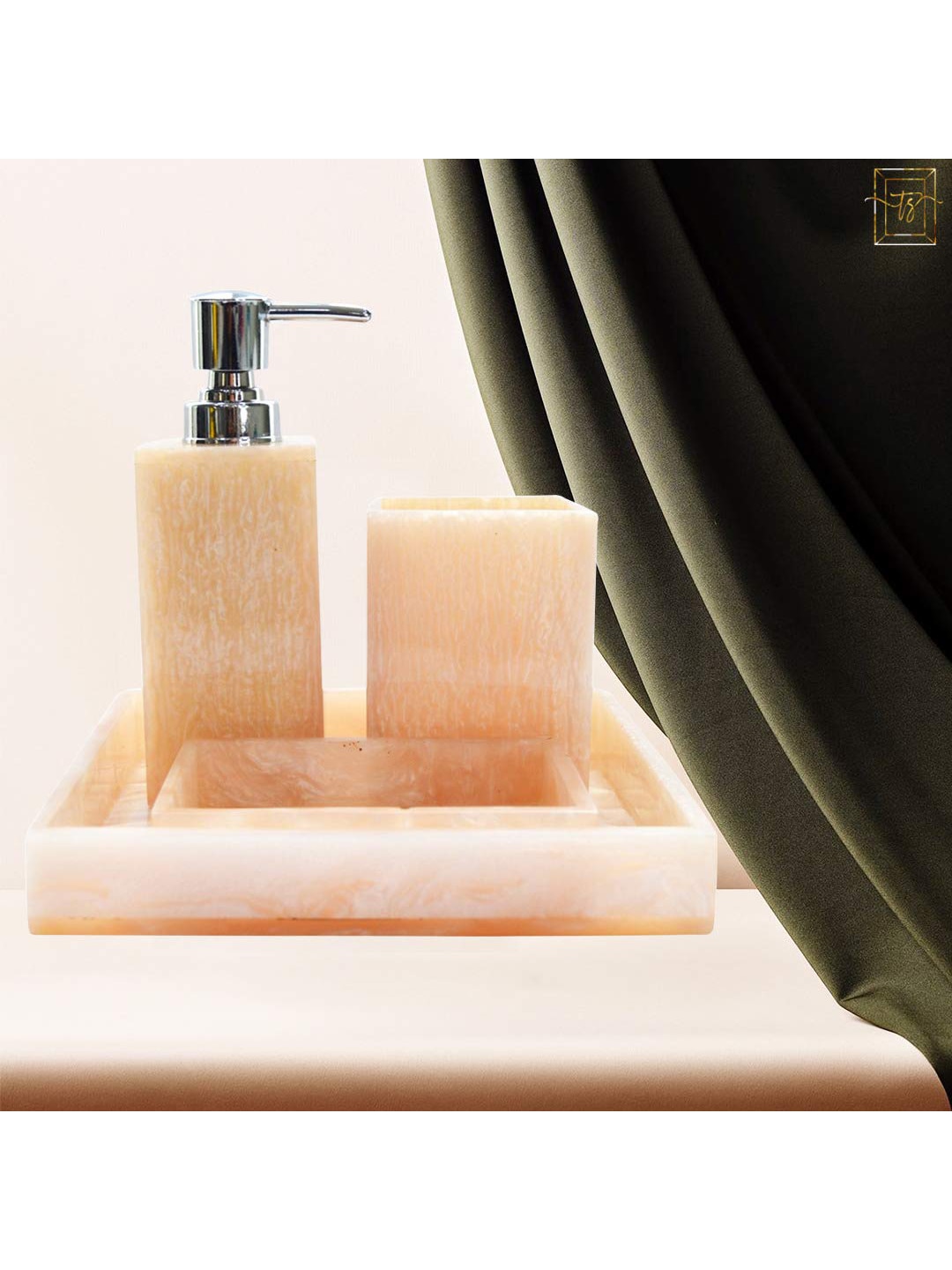 Tranquil square Set Of 4 Cream-Coloured Textured Resin Bathroom Accessories Price in India