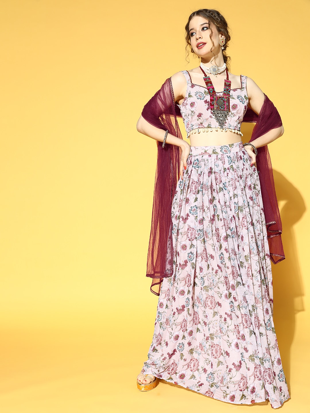 Inddus Pink & Maroon Floral Printed Semi-Stitched Lehenga & Unstitched Choli With Dupatta Price in India