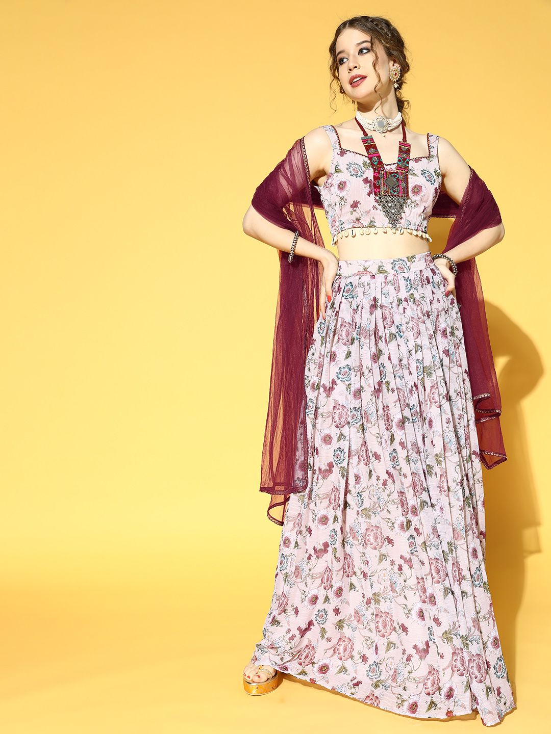 Inddus Pink & Maroon Floral Printed Semi-Stitched Lehenga & Unstitched Choli With Dupatta Price in India