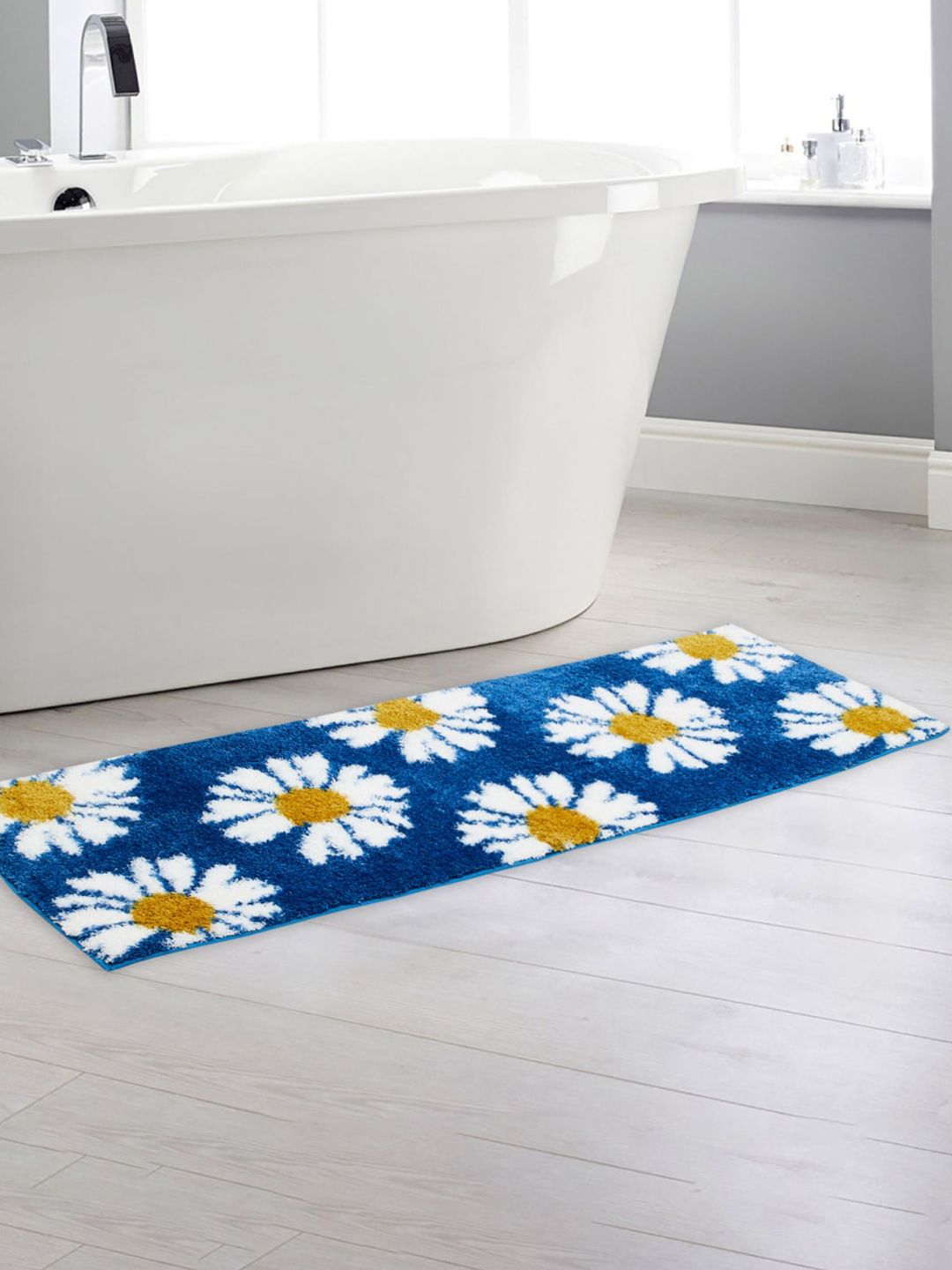 Home Centre Blue & White Floral Anti-Skid Bath Runner Price in India