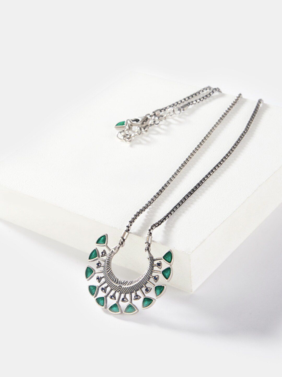 SHAYA Silver-Plated & Green Sterling Silver Oxidised Necklace Price in India