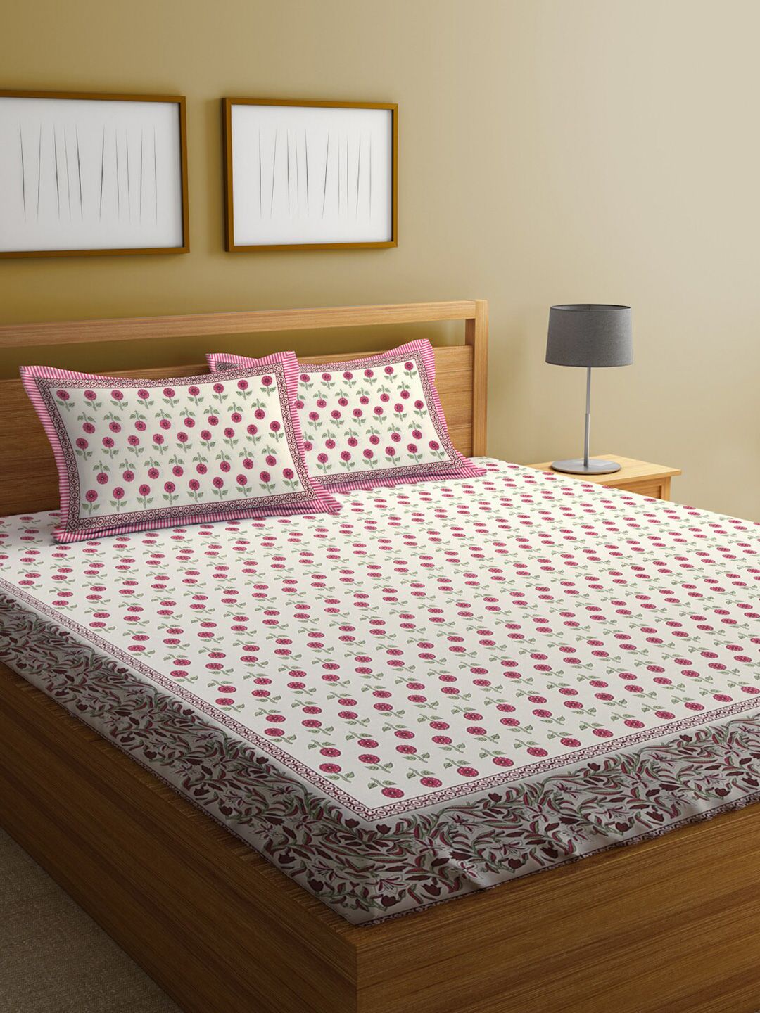 Rajasthan Decor White & Pink Ethnic Motifs 144 TC King Bedsheet with 2 Pillow Covers Price in India