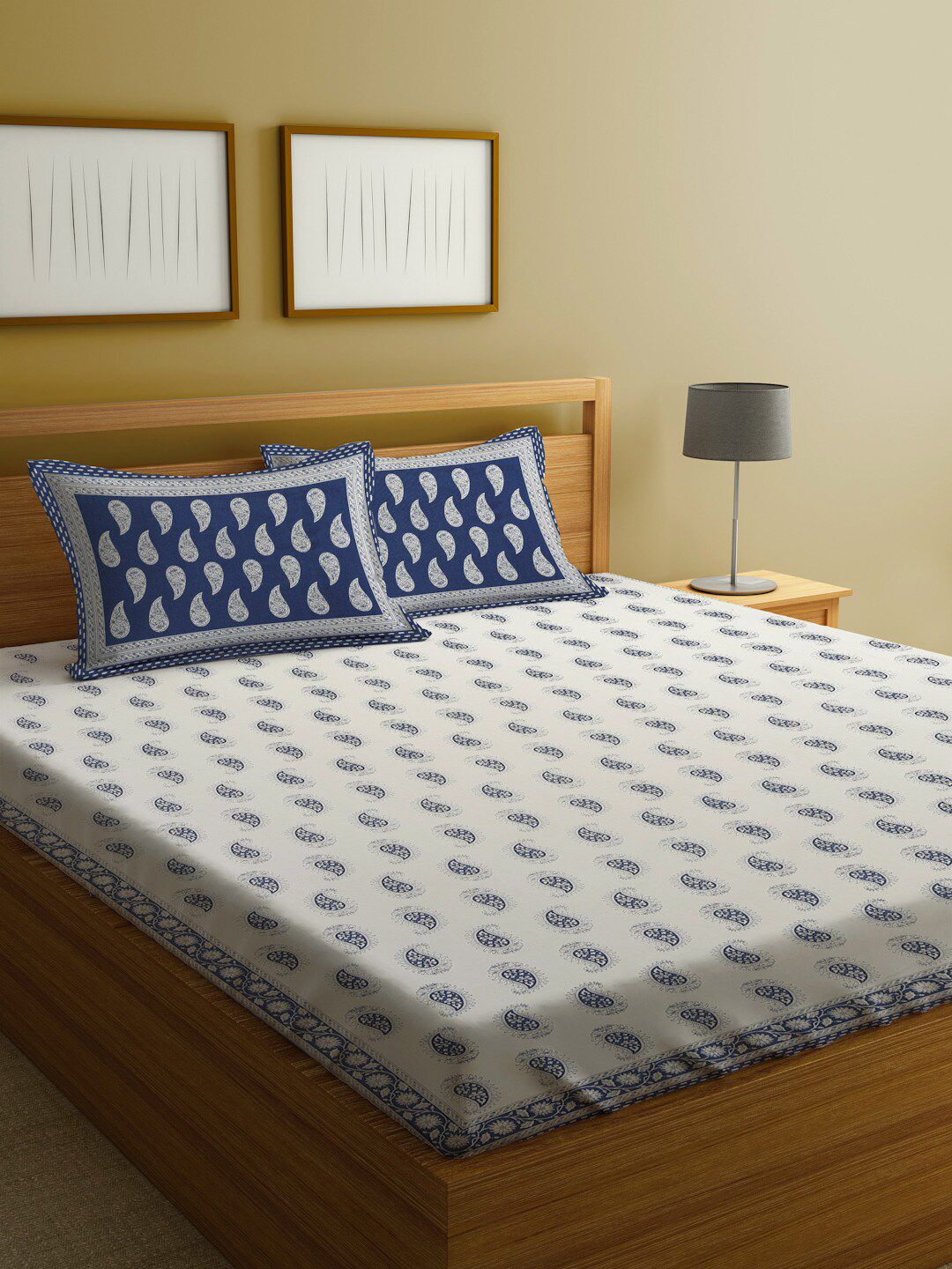 Rajasthan Decor White & Blue Ethnic Motifs 144 TC King Bedsheet with 2 Pillow Covers Price in India