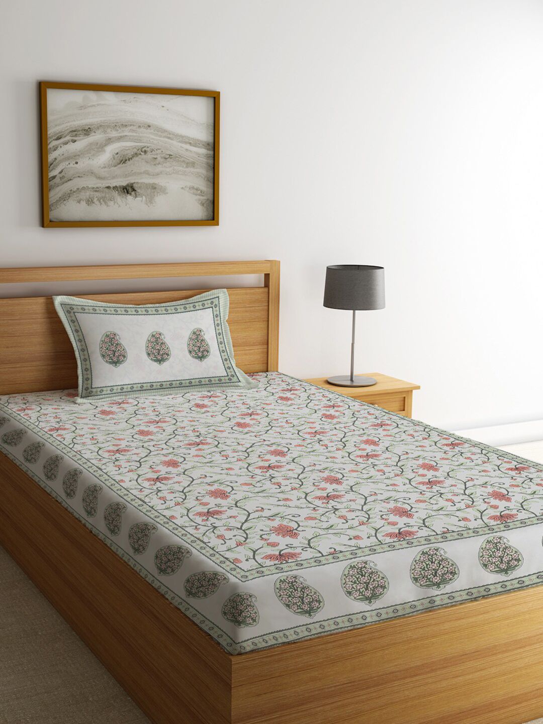 Rajasthan Decor White & Green Floral 144 TC Single Bedsheet with 1 Pillow Covers Price in India