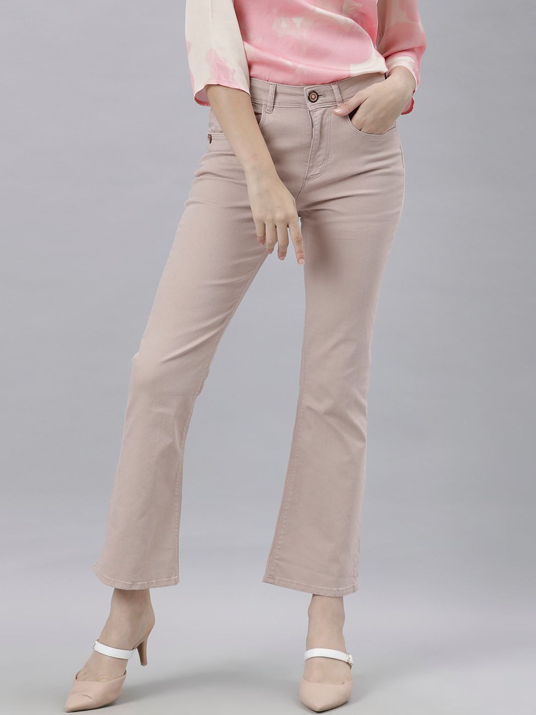 RAREISM Women Beige Solid Flared Jeans Price in India