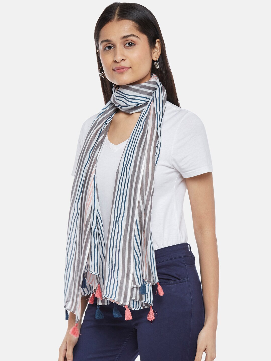 Honey by Pantaloons Women White & Blue Striped Scarf Price in India