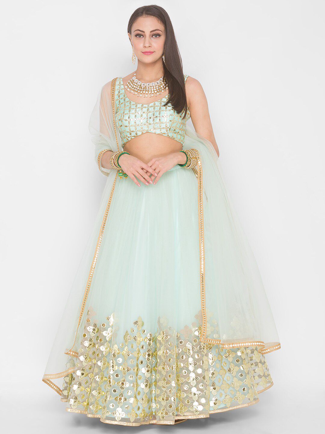6Y COLLECTIVE Turquoise Blue & Gold-Toned Embroidered Sequinned Semi-Stitched Lehenga & Unstitched Blouse Price in India