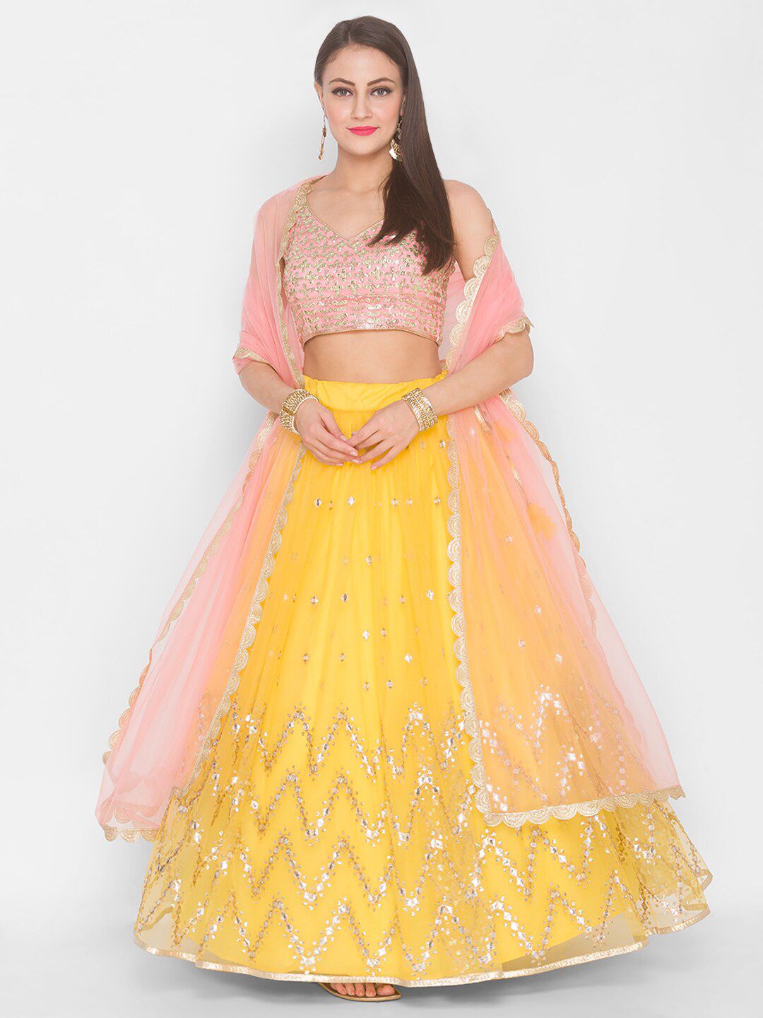6Y COLLECTIVE Yellow & Pink Embroidered Sequinned Semi-Stitched Lehenga & Unstitched Blouse With Dupatta Price in India