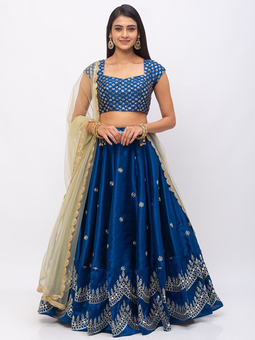 6Y COLLECTIVE Blue & Gold-Toned Embellished Sequinned Semi-Stitched Lehenga & Unstitched Blouse With Dupatta Price in India