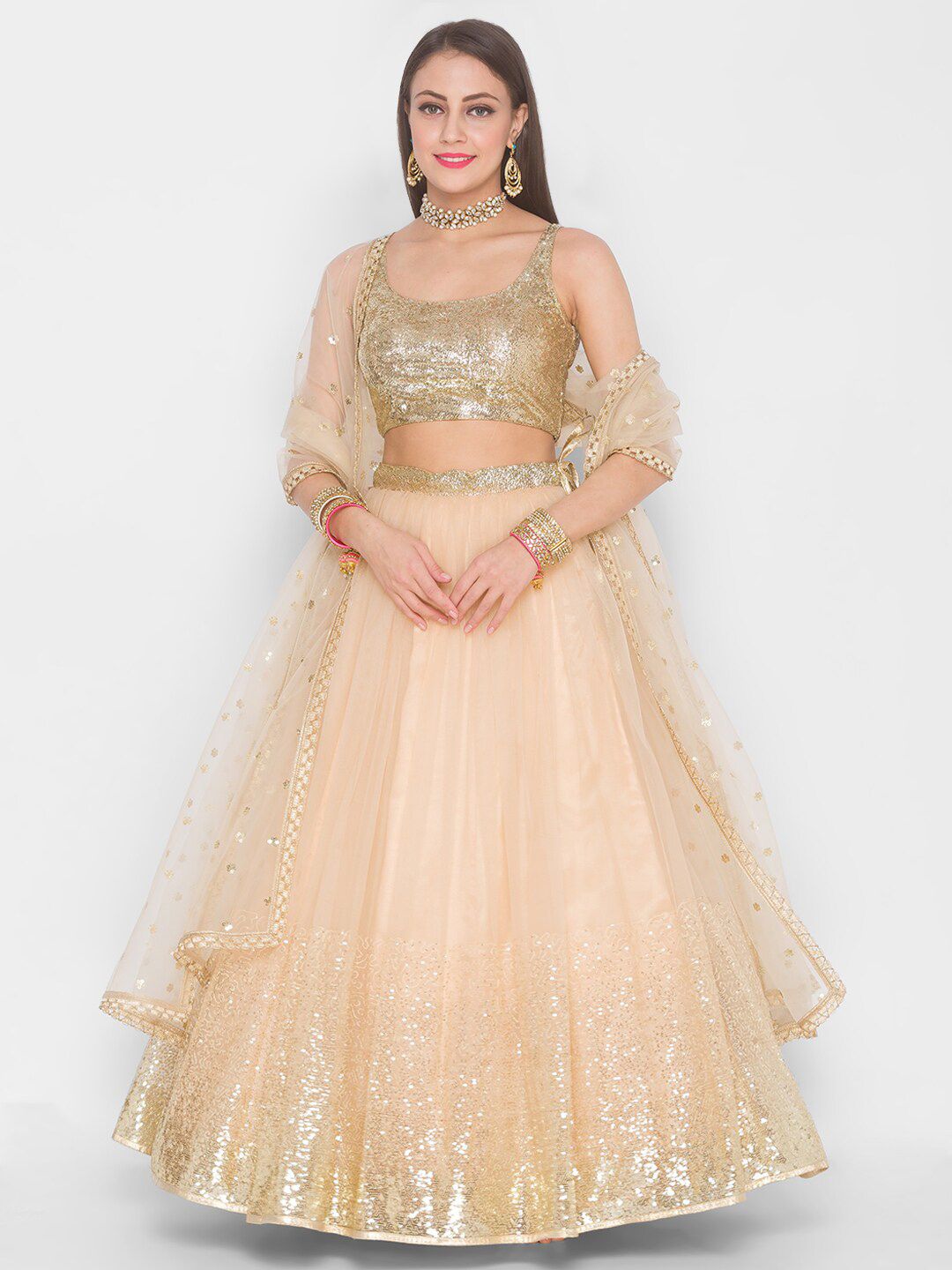 6Y COLLECTIVE Beige & Golden Embellished Sequinned Semi-Stitched Lehenga Set Price in India