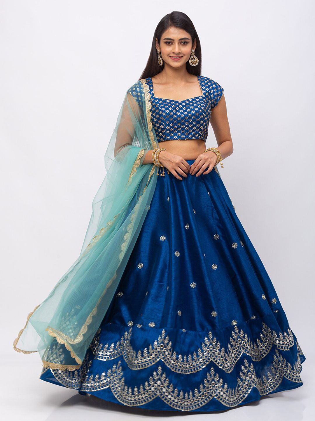 6Y COLLECTIVE Blue Raw Silk Embellished Semi-Stitched Lehenga & Unstitched Blouse With Price in India