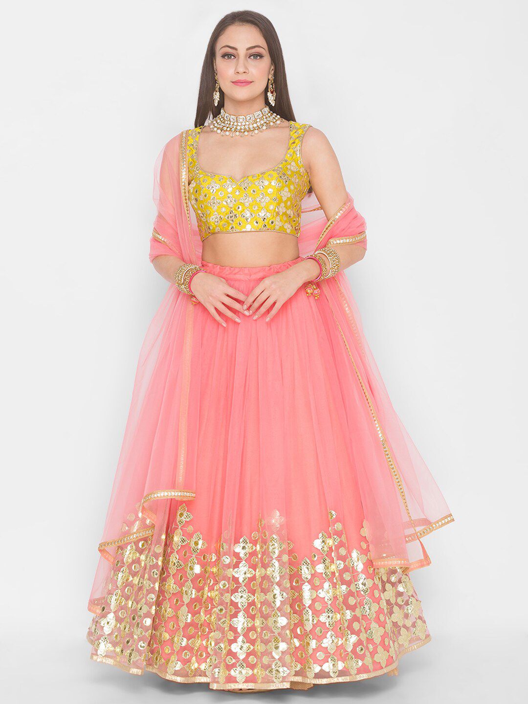 6Y COLLECTIVE Pink & Yellow Embroidered Sequinned Semi-Stitched Lehenga & Unstitched Blouse With Dupatta Price in India