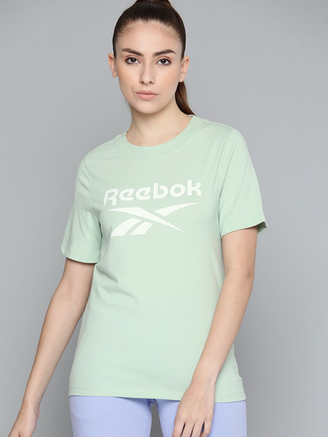 Reebok Women Green & White Brand Logo Printed Pure Cotton Training or Gym T-shirt Price in India