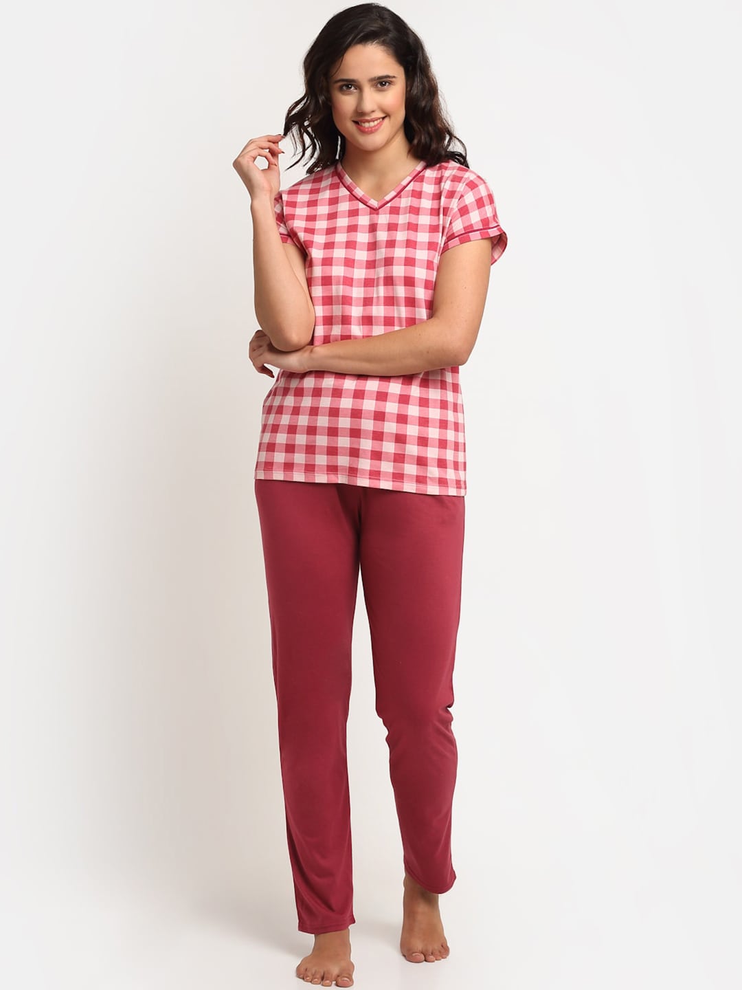 Kanvin Women Red & White Checked Pure Cotton Night suit Price in India