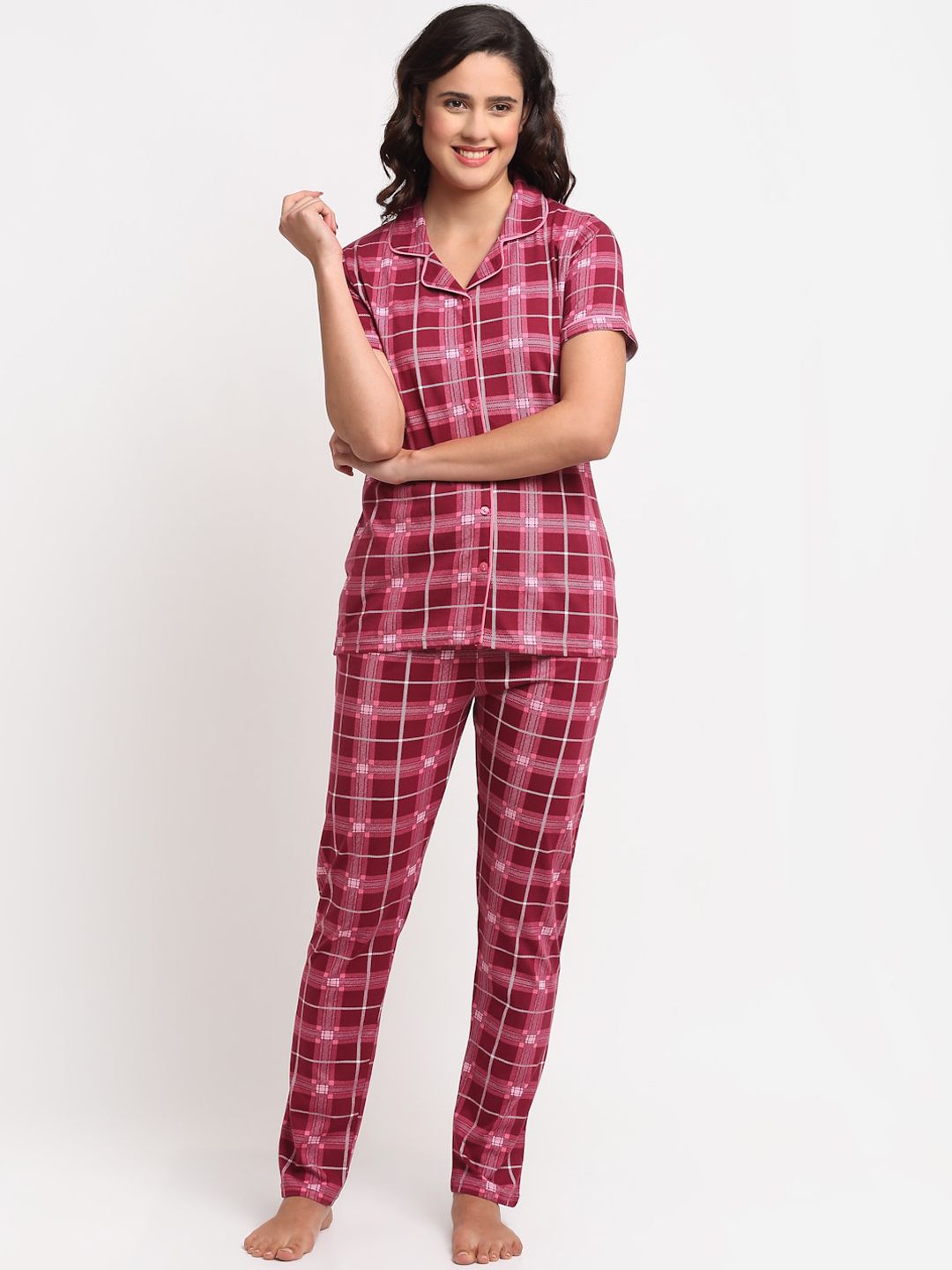Kanvin Women Maroon & Pink Checked Cotton Night suit Price in India