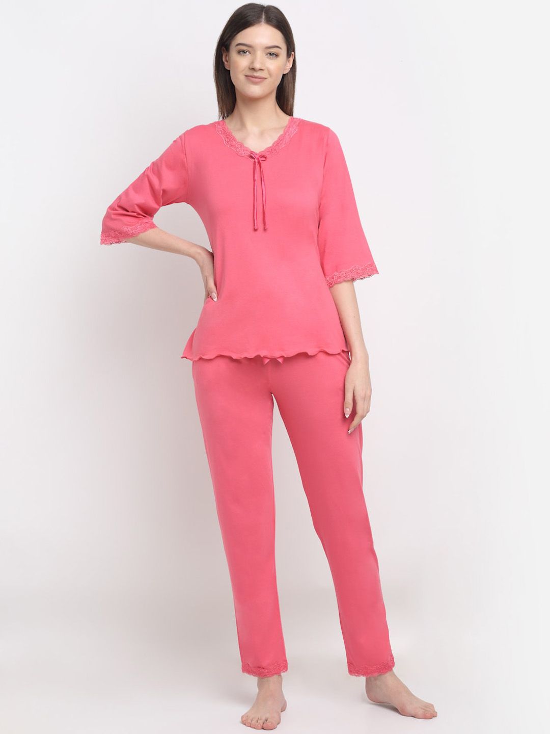 Kanvin Women Pink Solid Cotton Night suit Price in India