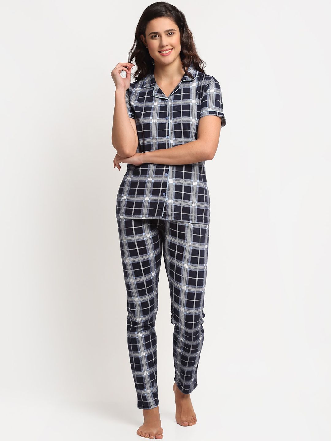 Kanvin Women Navy Blue & White Pure Cotton Checked Night suit Price in India