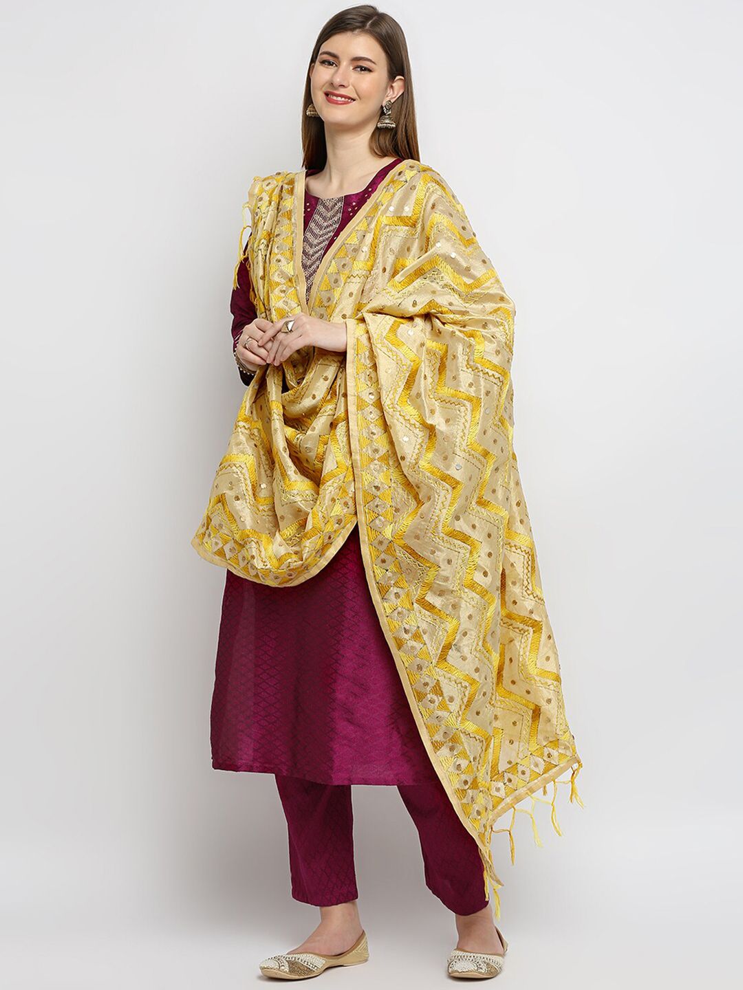 Dupatta Bazaar Women Gold Embroidered Chanderi Dupatta With Gota Patti & Fringes Price in India