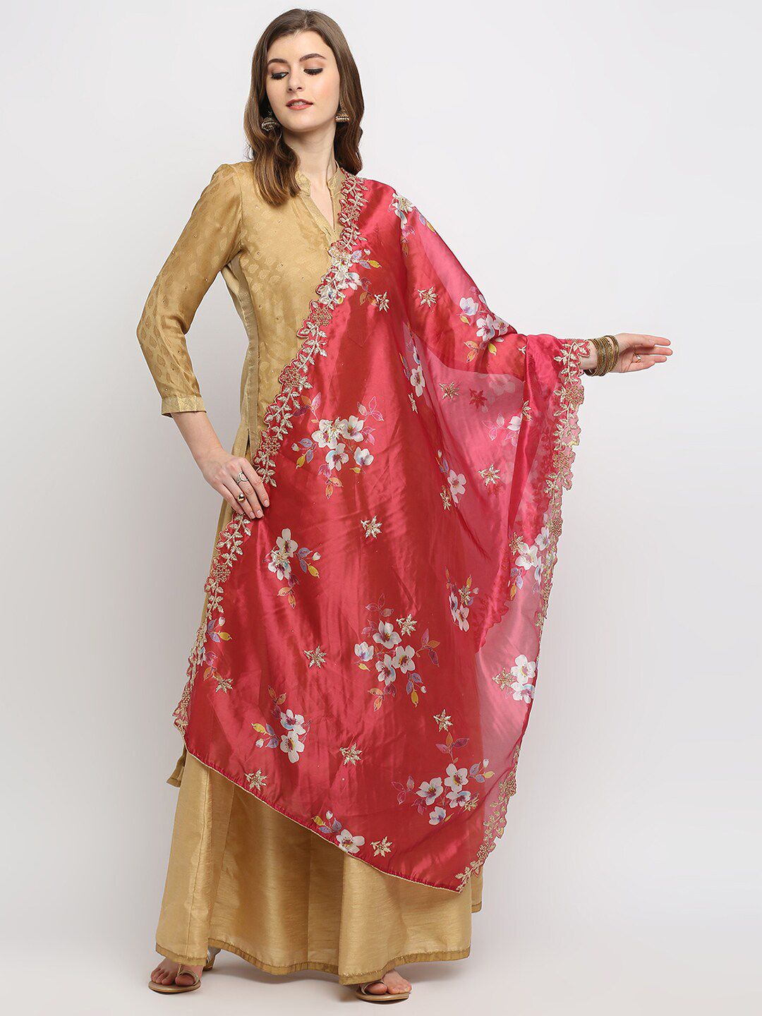 Dupatta Bazaar Pink & White Floral Embroidered Organza Dupatta with Zardozi Price in India