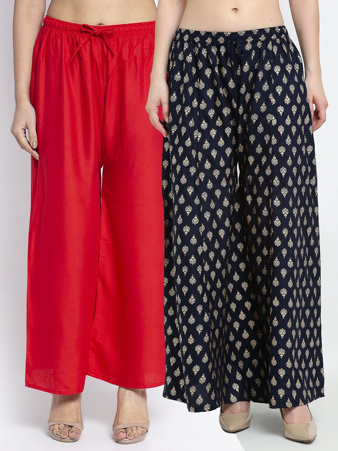 Jinfo Women Red & Navy Blue Pack of 2 Printed Flared Ethnic Palazzos Price in India