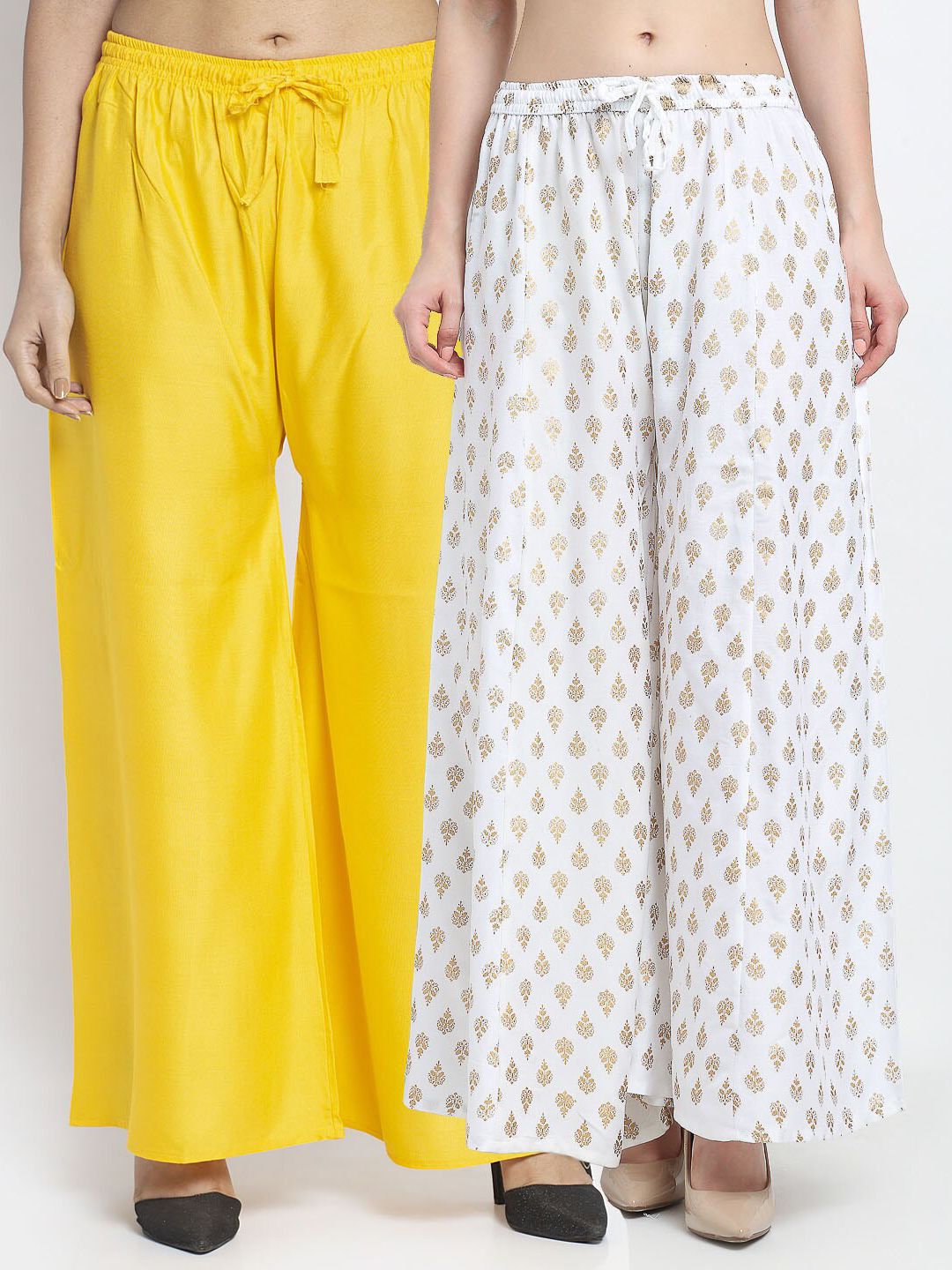 Jinfo Women Set of 2 Yellow & White Ethnic Motifs Printed Flared Ethnic Palazzos Price in India