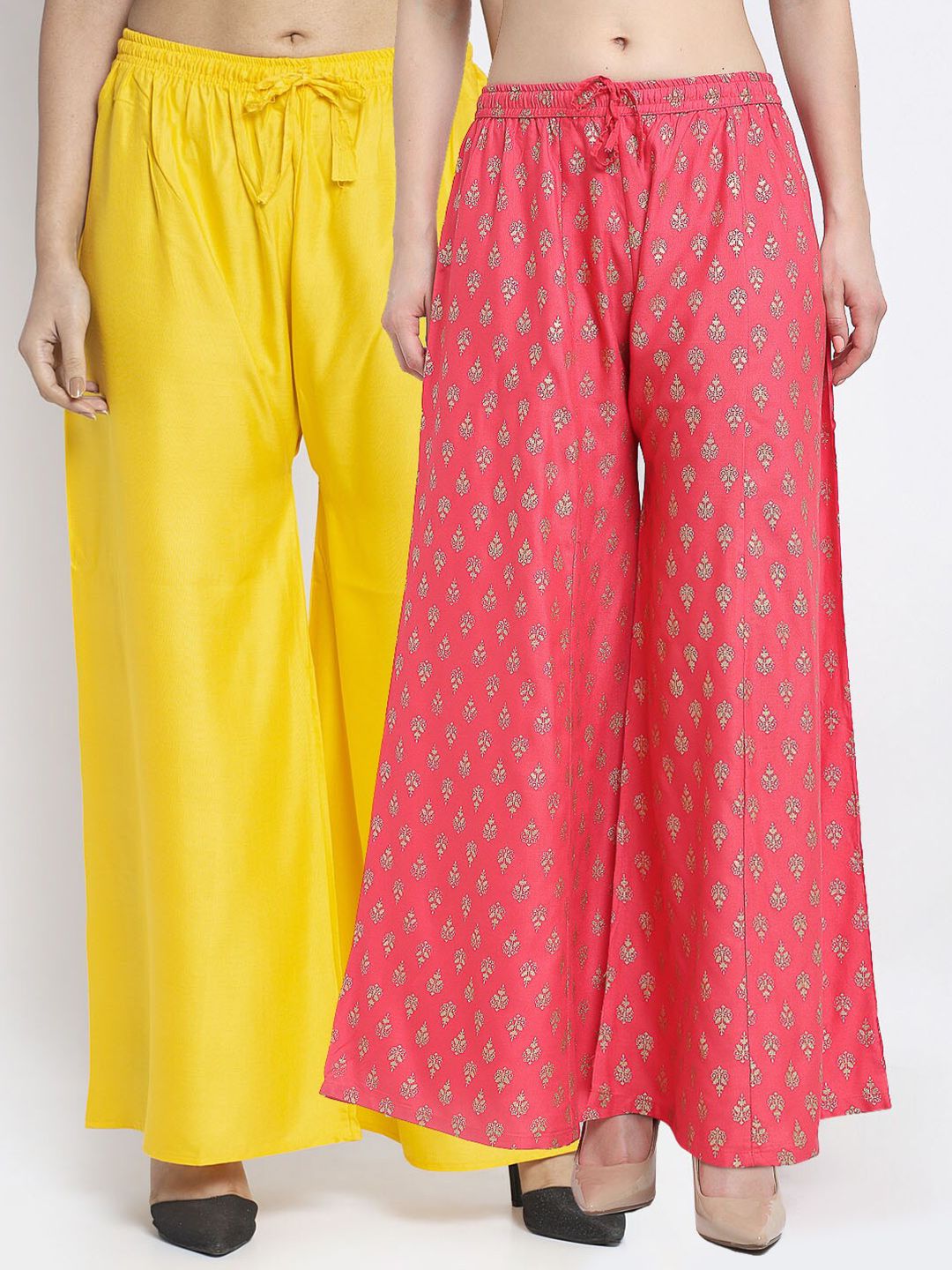 Jinfo Women Pack of 2 Yellow & Pink Printed Flared Knitted Ethnic Palazzos Price in India