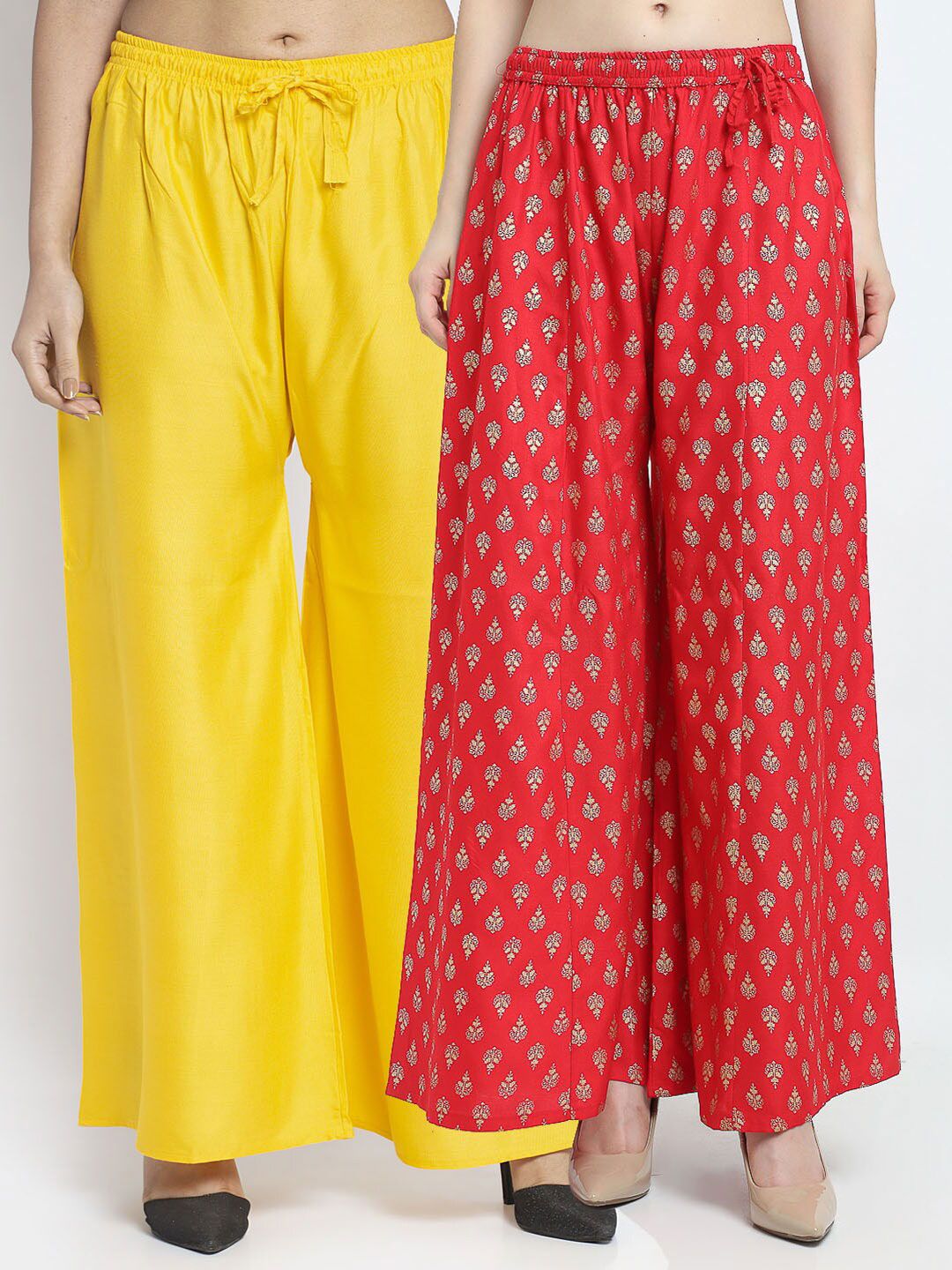 Jinfo Women Set of 2 Yellow & Red Printed Flared Knitted Ethnic Palazzos Price in India