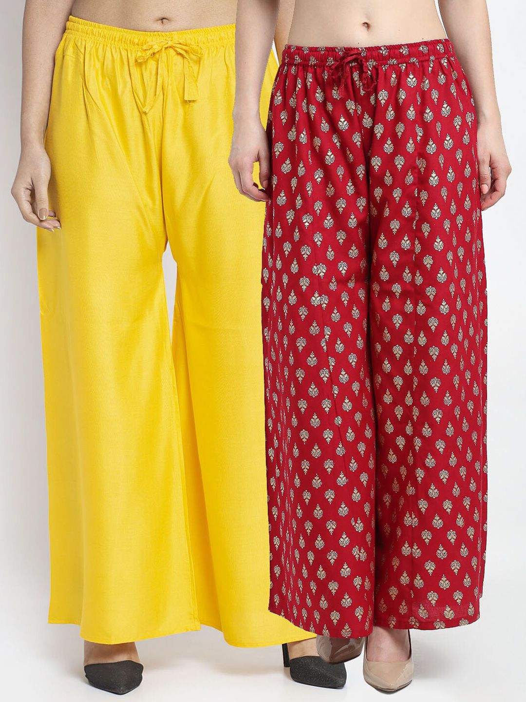 Jinfo Women Yellow & Maroon Pack of 2 Printed Flared Knitted Ethnic Palazzos Price in India