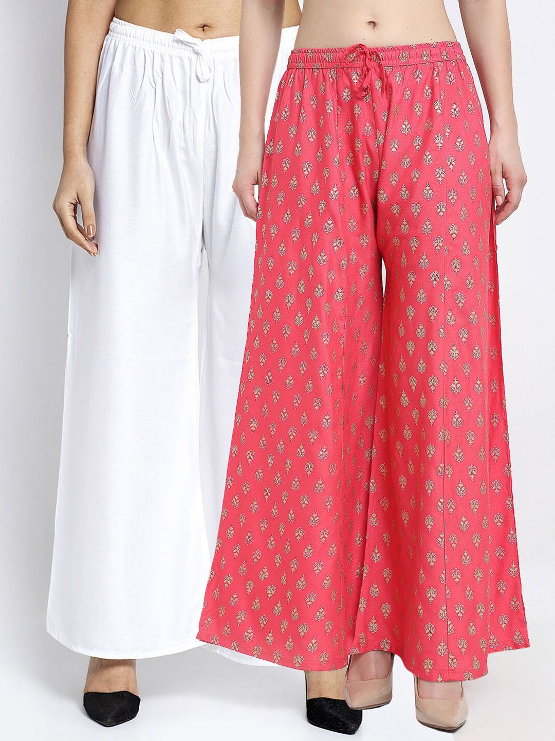 Jinfo Women Pack Of 2  White & Pink Printed Flared Knitted Ethnic Palazzos Price in India