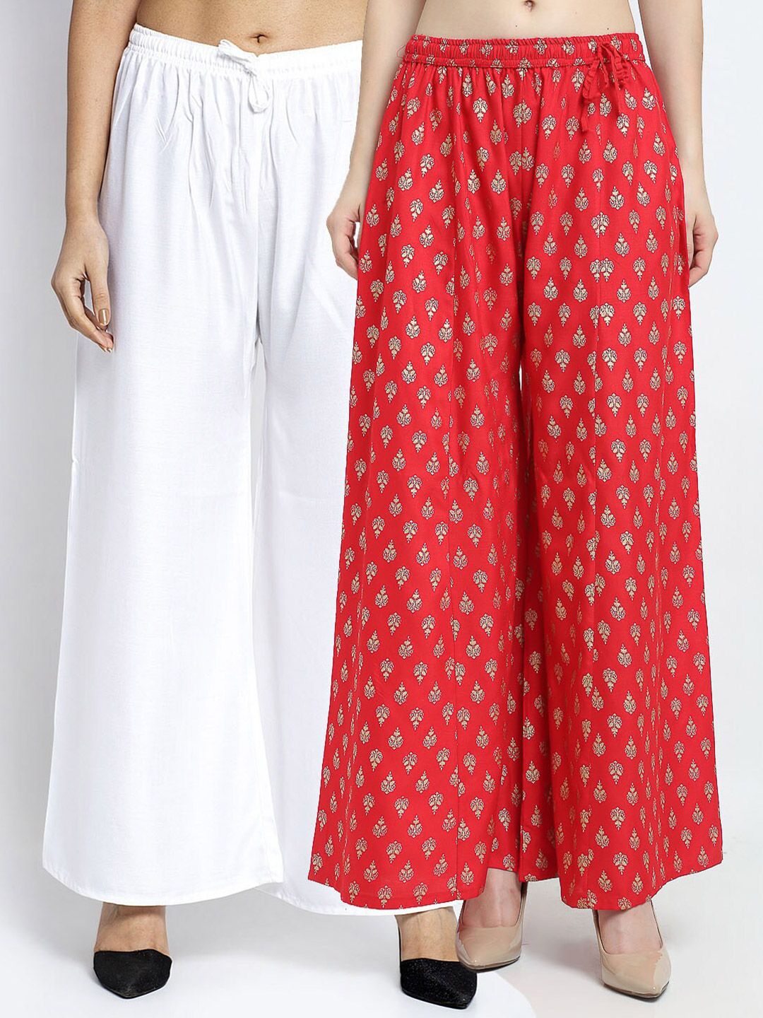 Jinfo Women White & Red 2 Flared Knitted Ethnic Palazzos Price in India