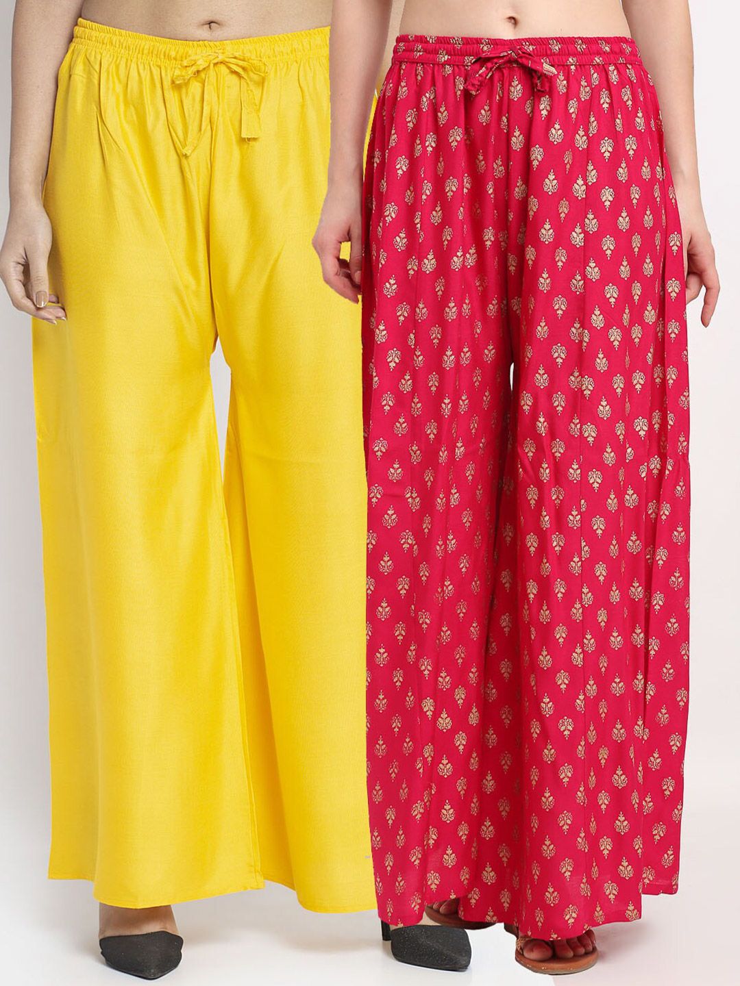 Jinfo Women Set of 2 Yellow & Pink Printed Flared Knitted Ethnic Palazzos Price in India