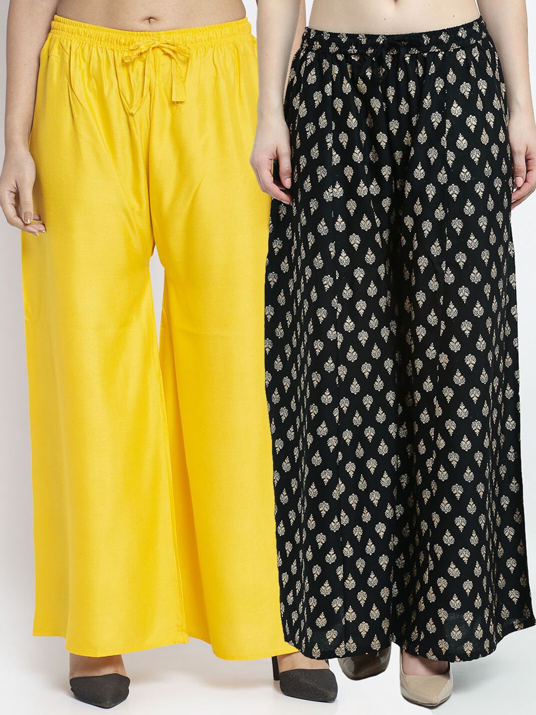 Jinfo Women Yellow & Black Pack of 2 Printed Flared Ethnic Palazzos Price in India