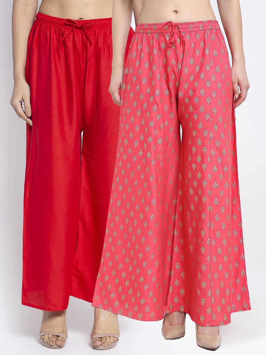 Jinfo Women Set Of 2 Red & Pink Flared Knitted Ethnic Palazzos Price in India