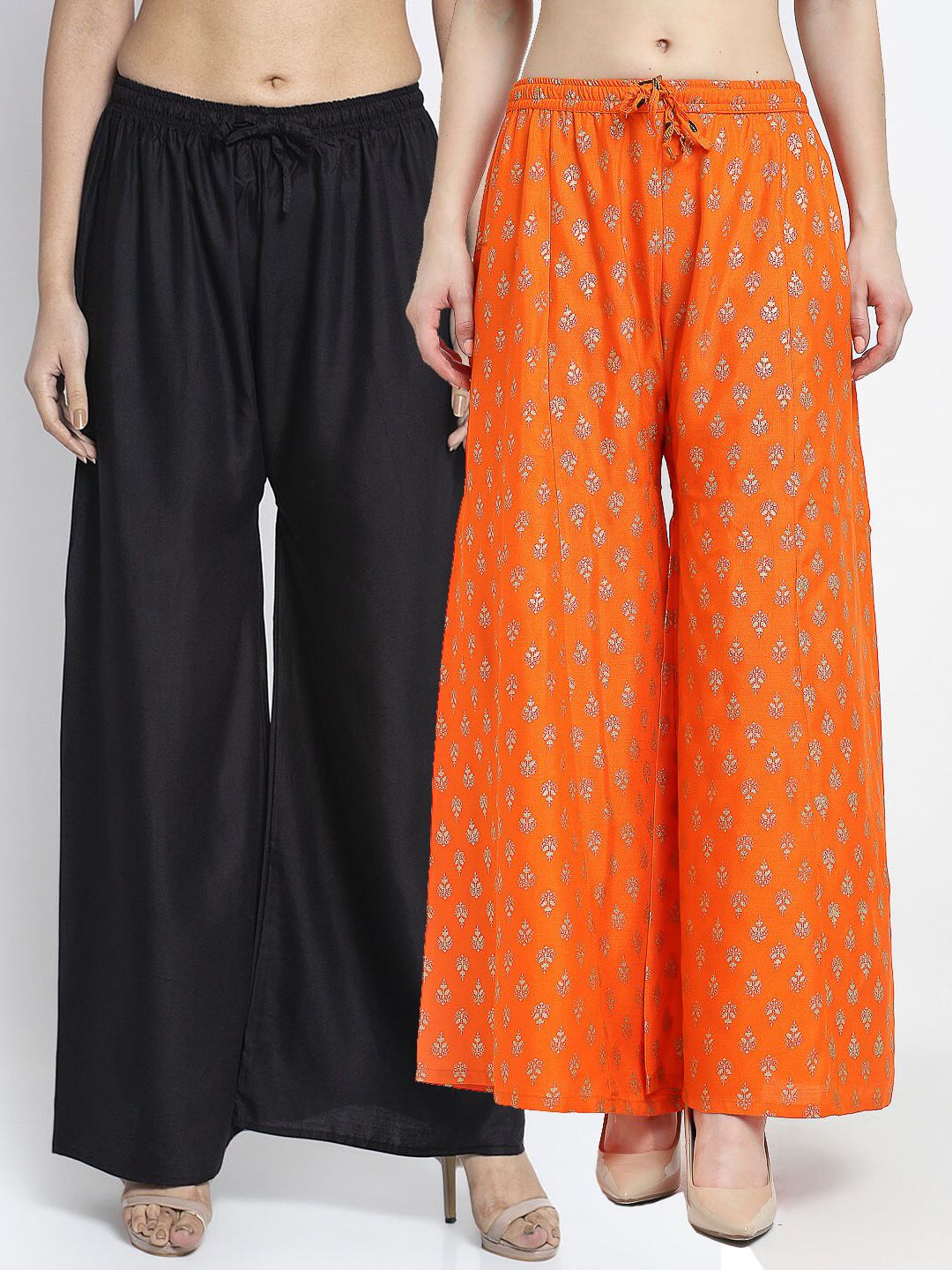 Jinfo Women Pack of 2 Black & Orange Ethnic Motifs Printed Flared Ethnic Palazzos Price in India