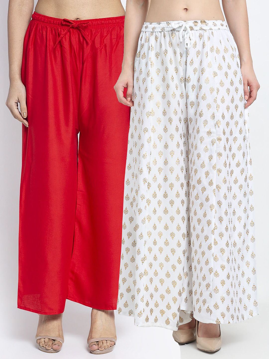 Jinfo Women Red & White Set of 2 Printed Flared Knitted Ethnic Palazzos Price in India