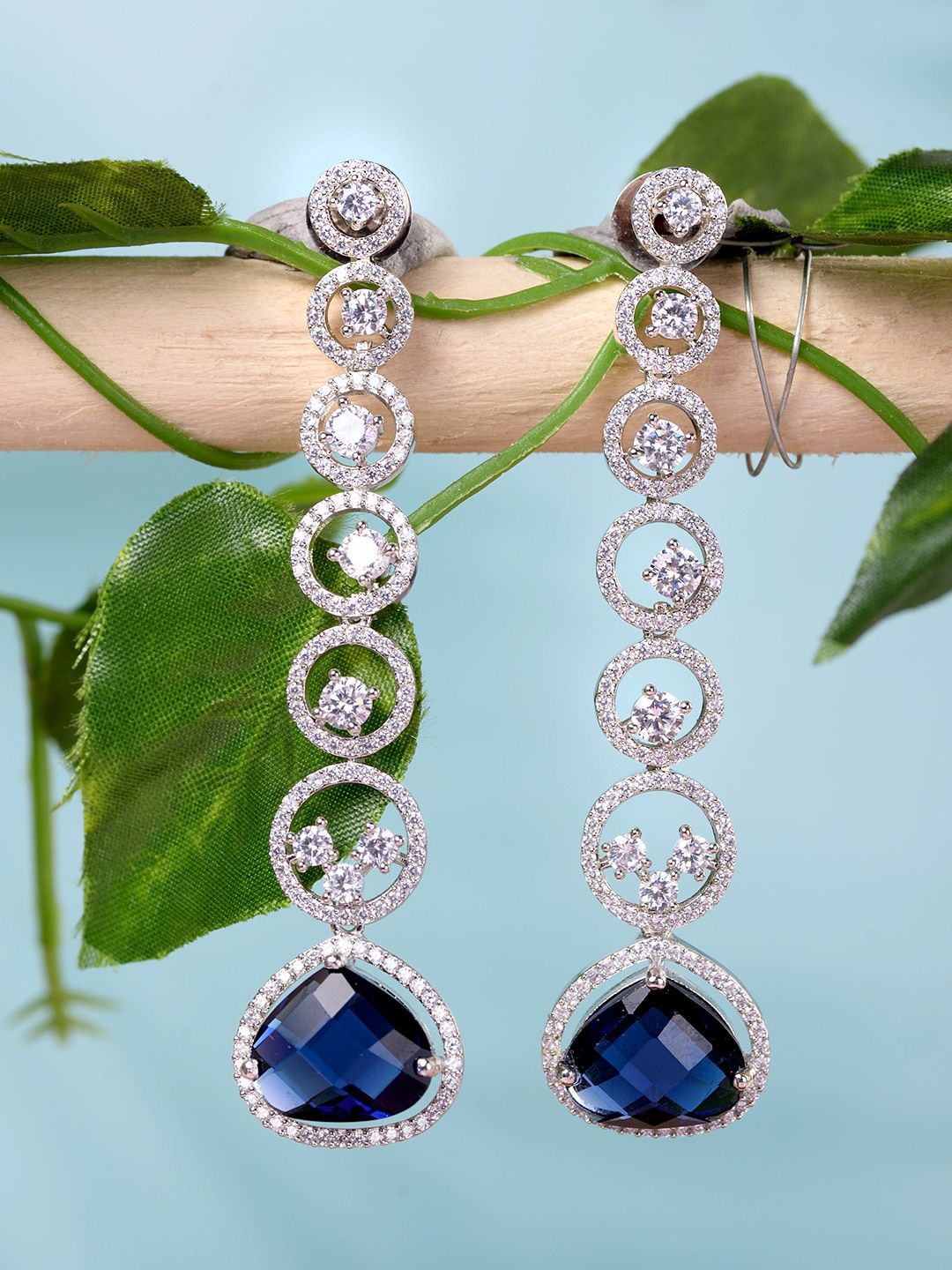 Saraf RS Jewellery Silver-Toned & Blue AD Studded Rhodium Plated Drop Earrings Price in India