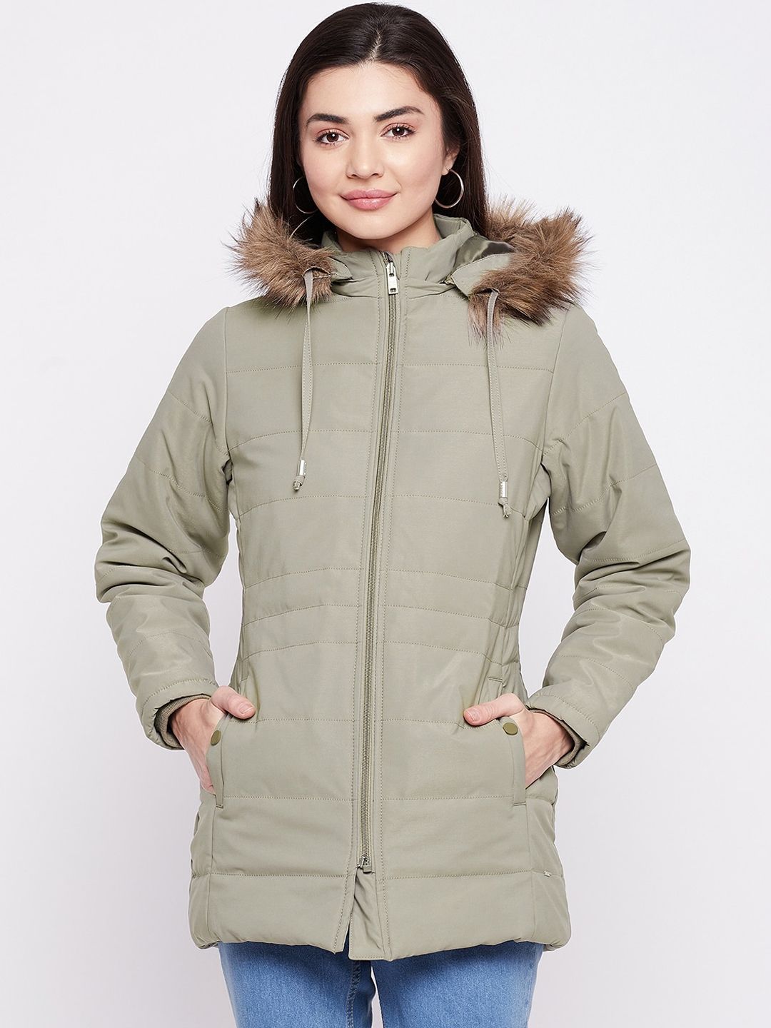 Okane Women Olive Green Lightweight Longline Parka Jacket Price in India