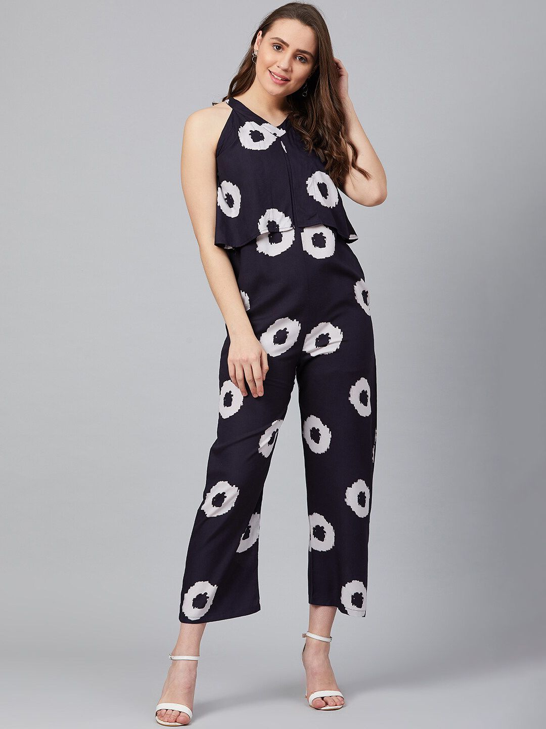 Wabii Navy Blue & White Printed Basic Jumpsuit Price in India