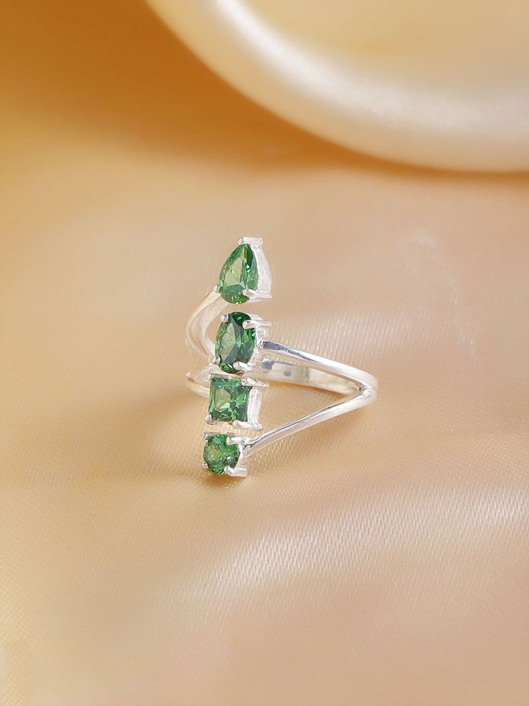 Hiara Jewels Silver-Plated Green CZ-Studded Finger Ring Price in India