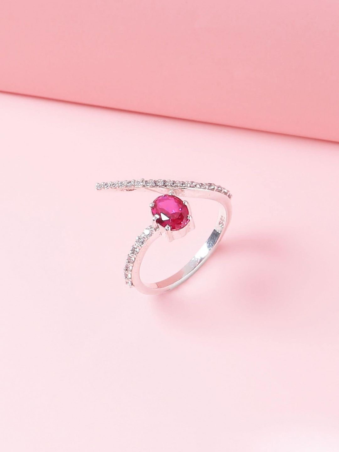 Hiara Jewels Silver-Plated White & Magenta CZ-Studded Finger Ring Price in India