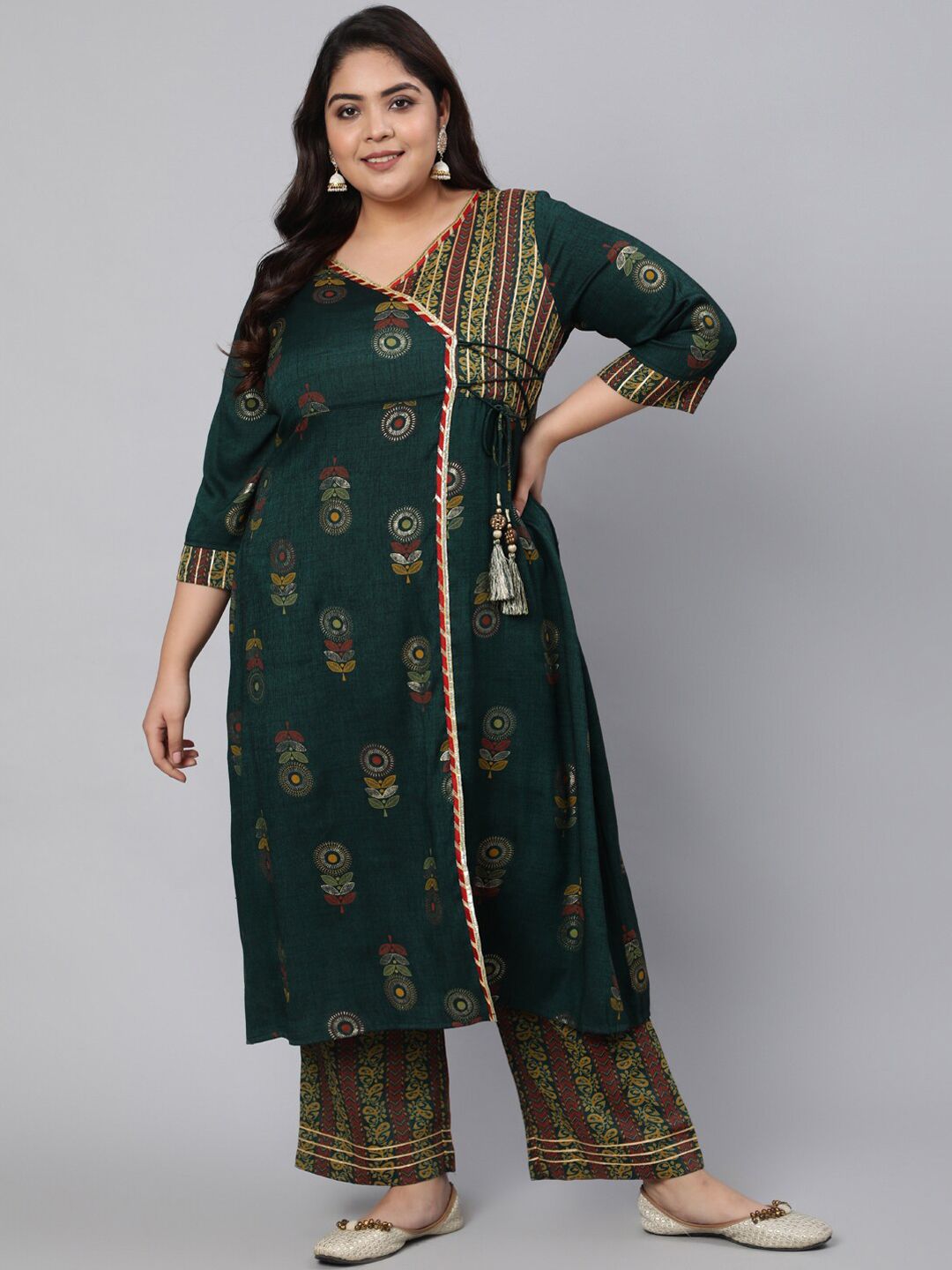 Jaipur Kurti Women Green Printed Angrakha Gotta Patti Kurti with Trousers Price in India