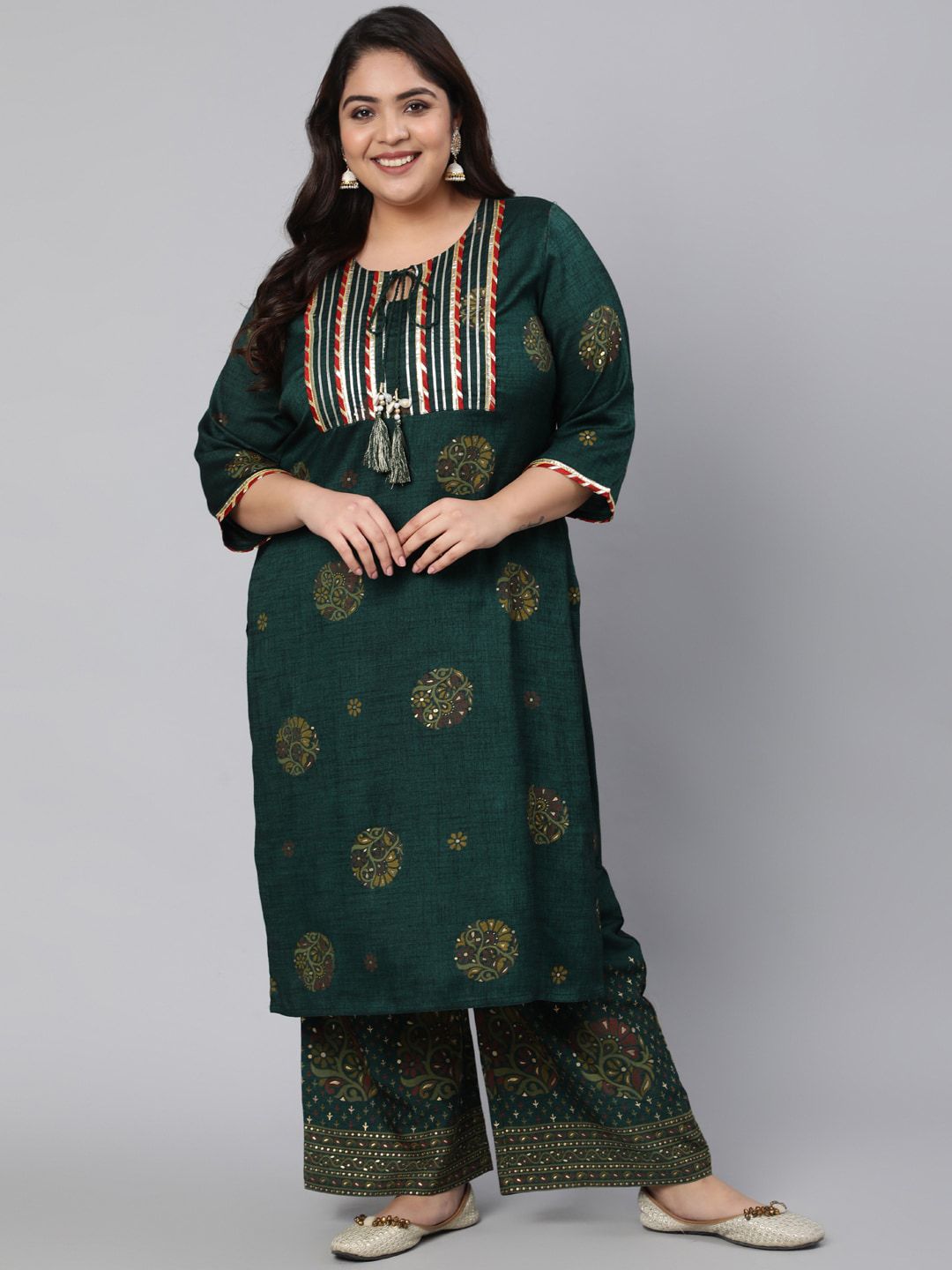 Jaipur Kurti Women Green Ethnic Motifs Printed Gotta Patti Kurti with Palazzos Price in India