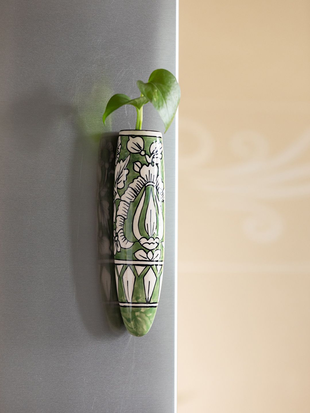 ExclusiveLane Green & White Ceramic Ceramic Magnetic Fridge Planter Price in India