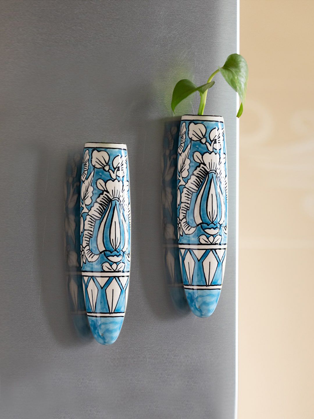 ExclusiveLane Set of 2 Blue & White Ceramic Magnetic Fridge Planters Price in India