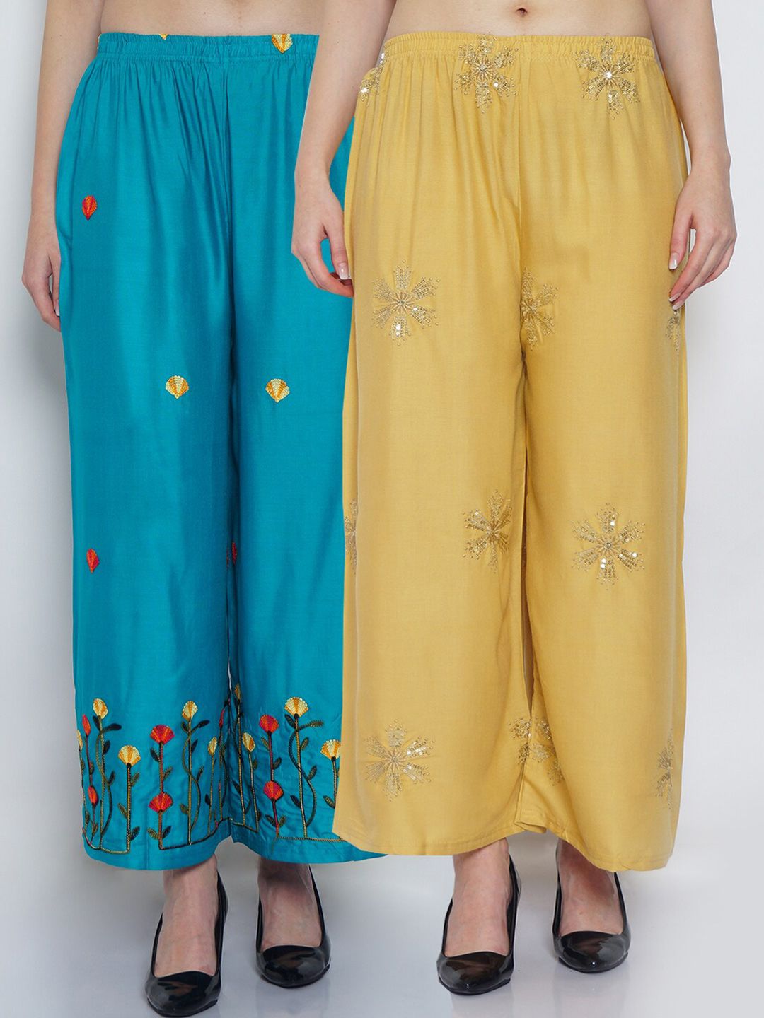 GRACIT Women Beige & Turquoise Blue 2 Ethnic Motifs Embroidered Flared Knitted Ethnic Palazzos Price in India