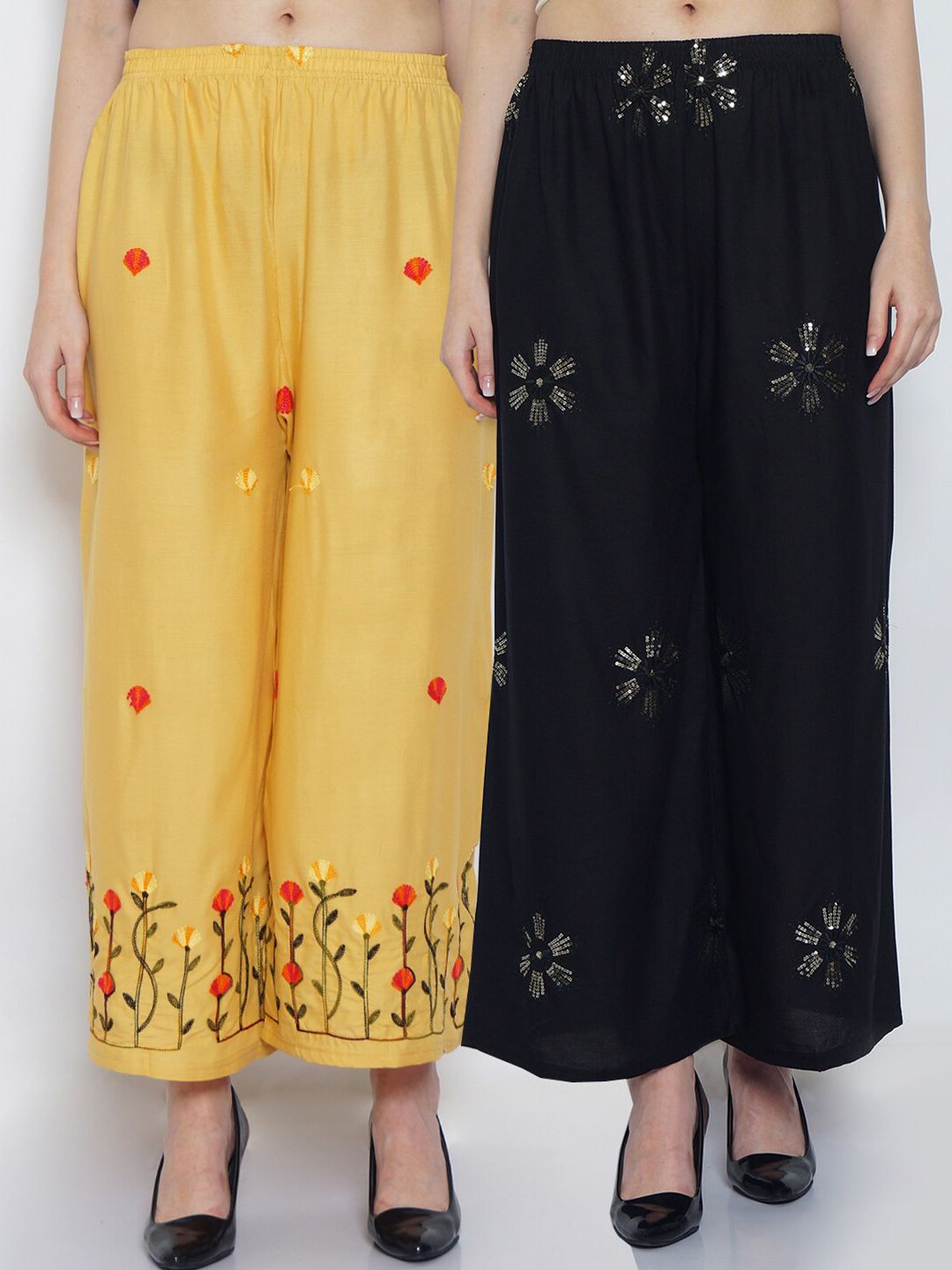 GRACIT Women Black & Beige Pack of 2 Floral Embroidered Ethnic Palazzos Price in India