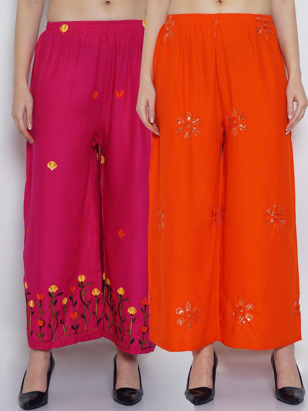 GRACIT Women Orange & Fuchsia Pink 2 Ethnic Motifs Embroidered Flared Knitted Palazzos Price in India